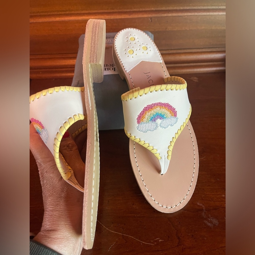 New white rainbow embroidered leather sandals sz 7 m $99 Jack rogers - Picture 3 of 8